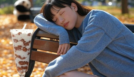 公園のベンチで眠る女性